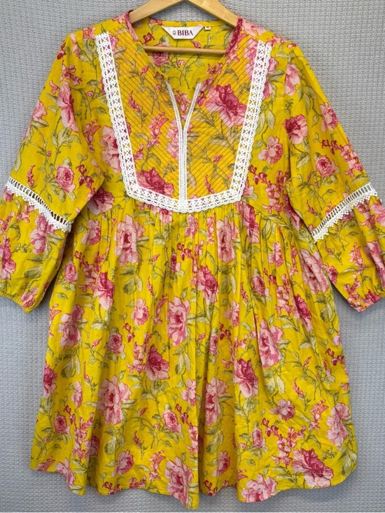 Biba Dresses & Skirts - BIBA Yellow Floral Lightweight Boho Hippie Mini Dress Wide Sleeve Boho Sz 40 Med